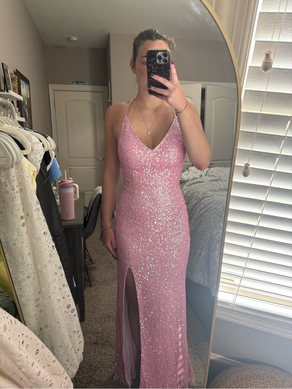 Sparkling Pink Sequin V-Neck Prom Gown